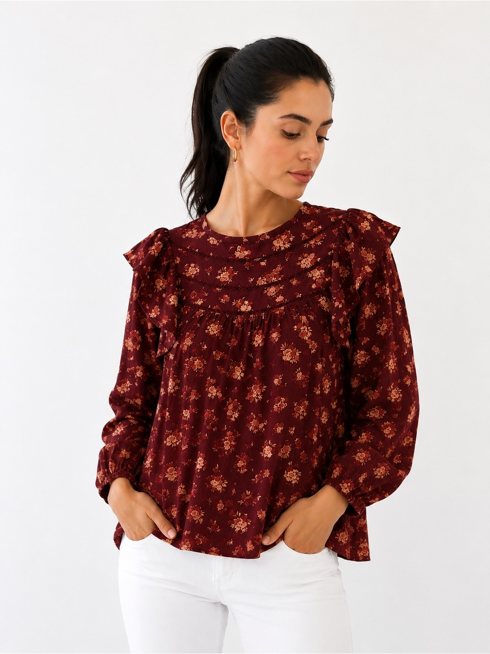 Madewell Floral Ruffle Cotton Blouse Size Small